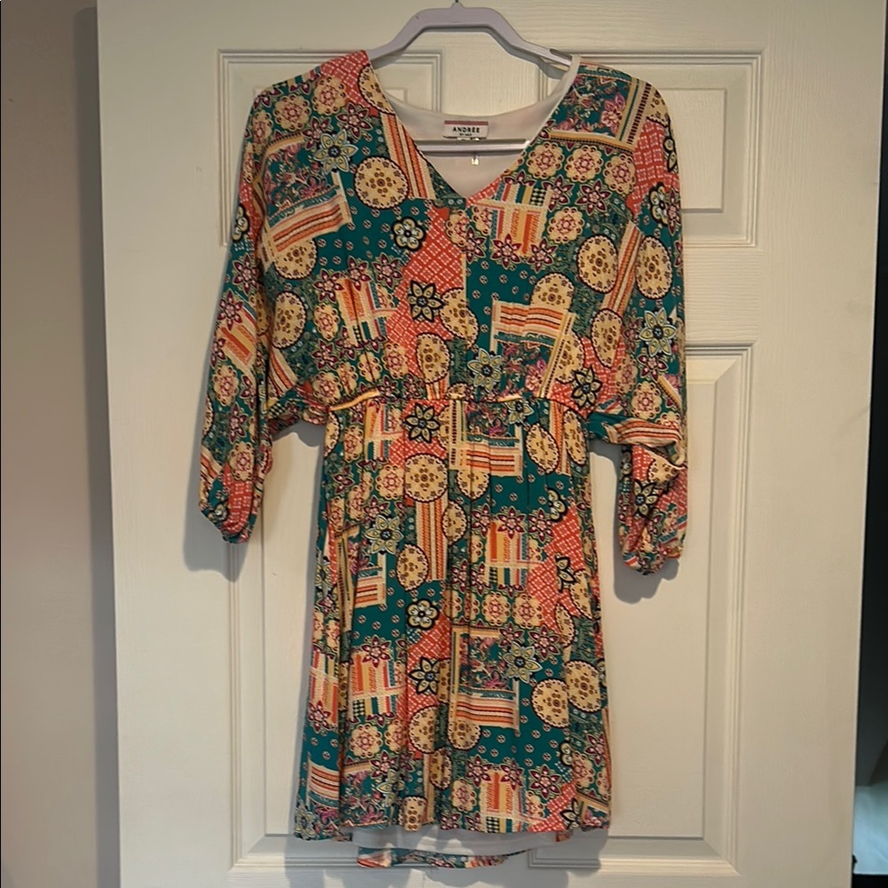 ANDREE BY UNIT patchwork dress multicolor 3/4 length sleeve v neck size M